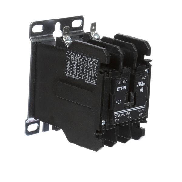 A black electrical contactor with two metal holders.