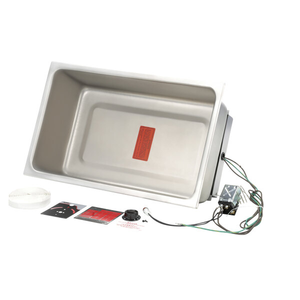 A white box with a red wire and a red light on a metal machine tray.