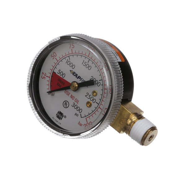 A close-up of a Lancer pressure gauge on a white background.