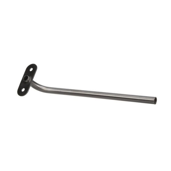 A long metal rod with a metal pipe on one end and a black handle on the other.
