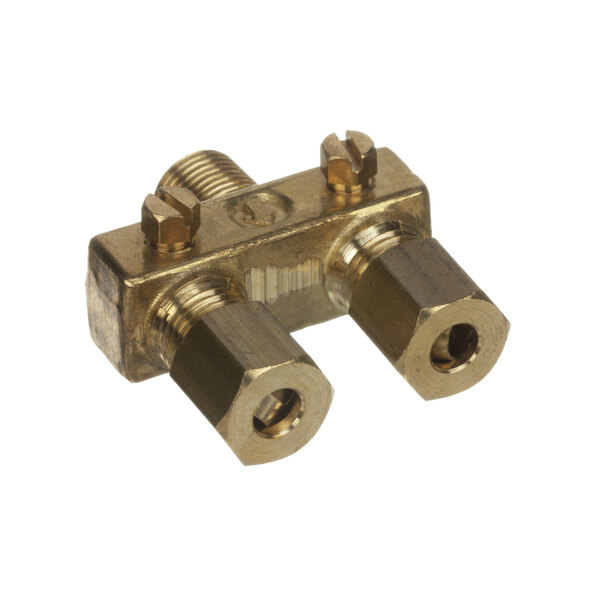 A Rankin-Delux brass pilot valve connector with two nuts.