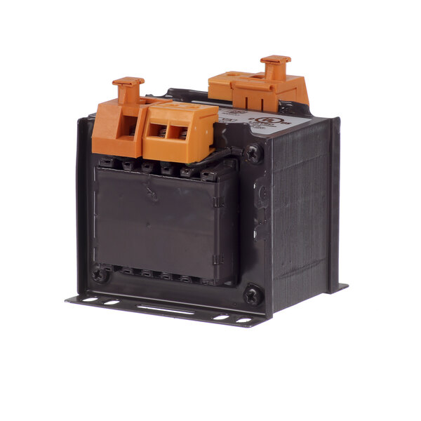 A black box with orange and black wires connected to it.