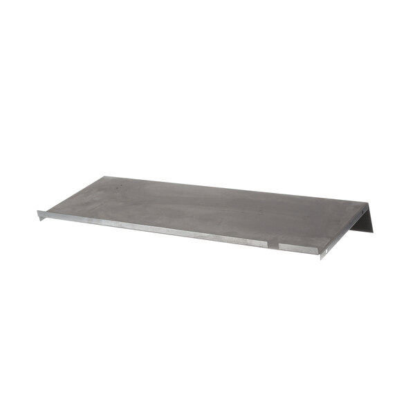A metal shelf with a metal plate on the corner.
