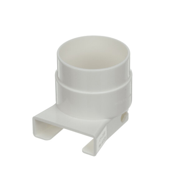 A white plastic pipe fitting with a white background.