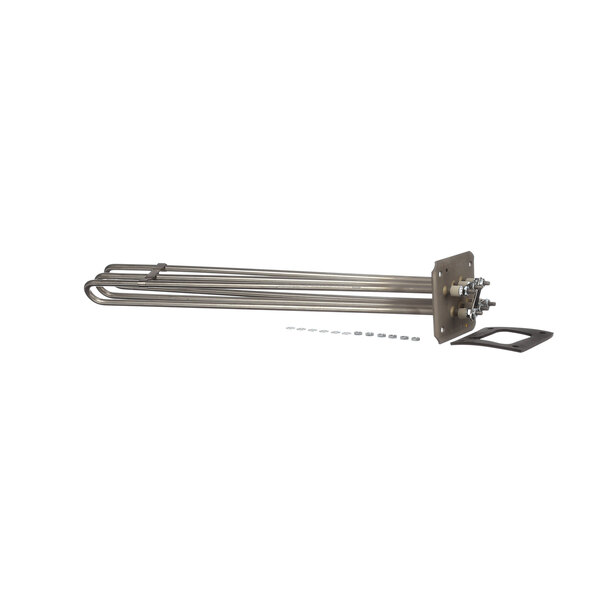 A stainless steel Hobart dishwasher heater element with a screw.