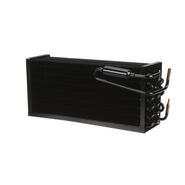 A black rectangular Kelvinator evaporator coil with two wires attached to it.