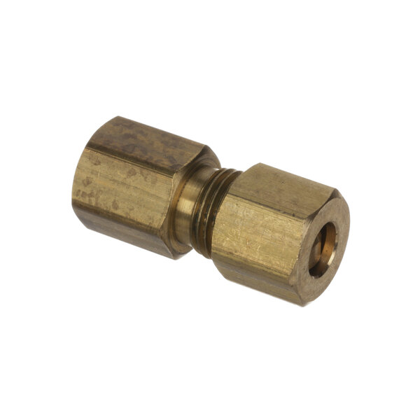 A close-up of a brass threaded female connector on a white background.