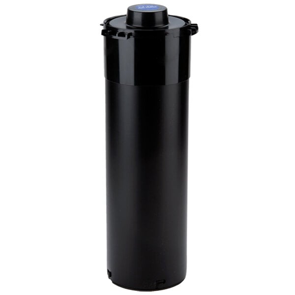 A black cylinder with a blue lid.