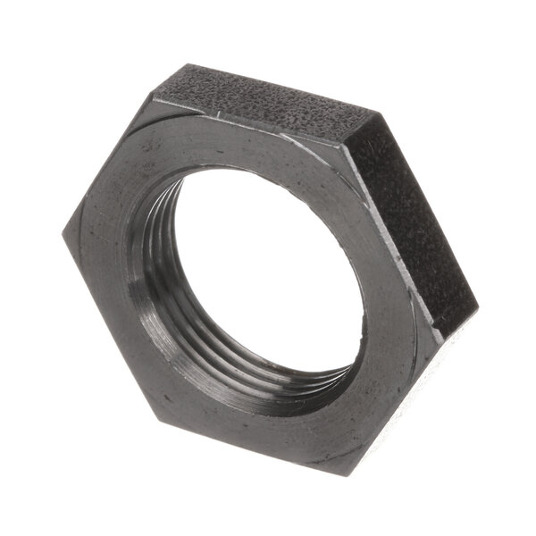 A close-up of a black metal Hobart lock nut with a hexagon shape.