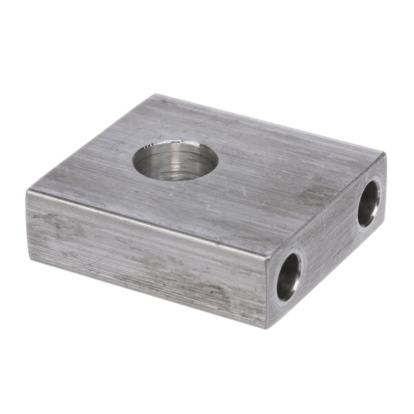 A stainless steel square Hobart Auto Drive mounting block with two holes.