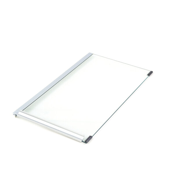 A glass board with a silver handle.