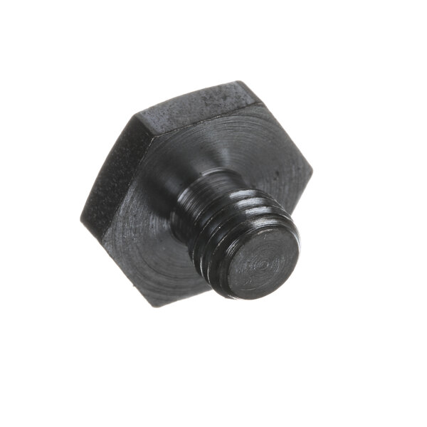 A close-up of a black Hobart screw with a nut on top.