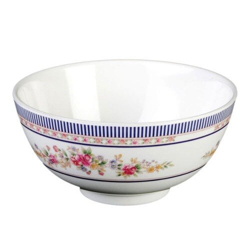 A white Thunder Group melamine bowl with a rose pattern.