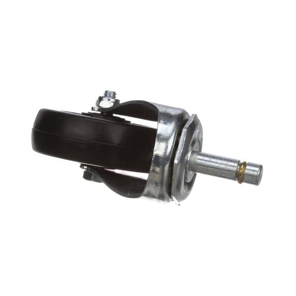 A black and silver metal Lakeside swivel caster with a black wheel.