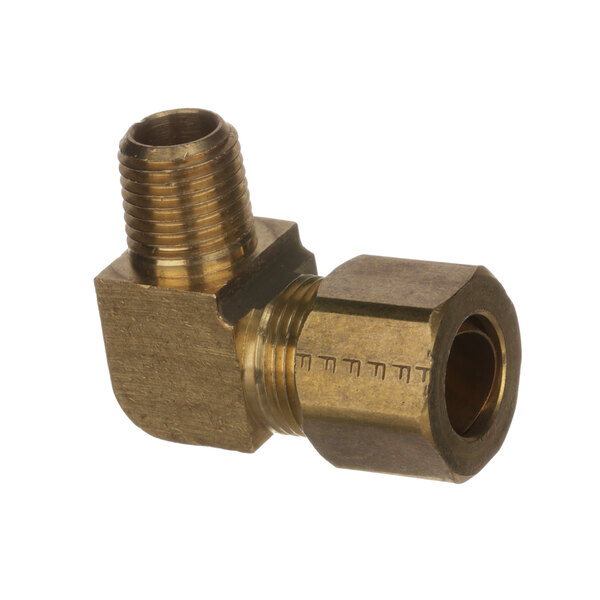 A Crown Steam brass 90-degree elbow pipe fitting with threaded ends.