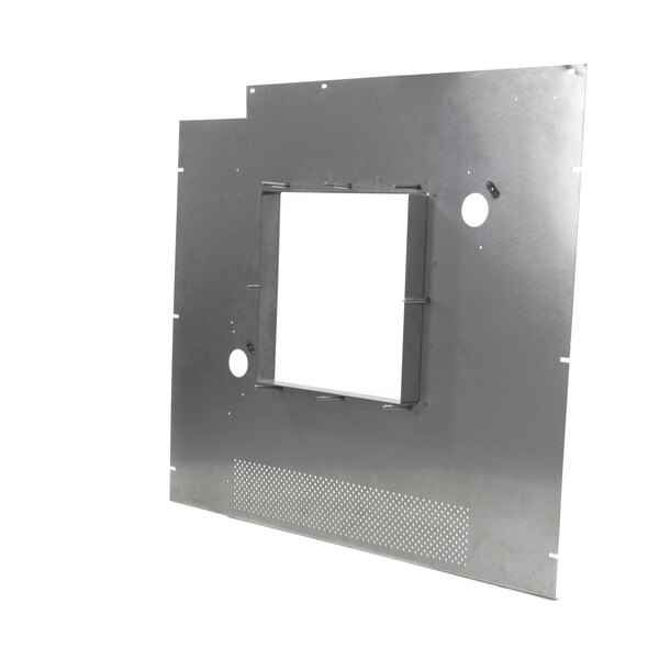A white rectangular metal panel with a square window in a black frame.