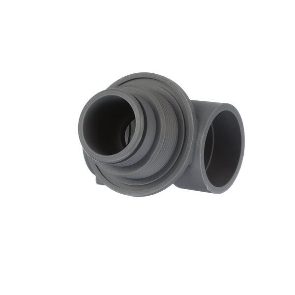 A grey plastic pipe elbow fitting with a small hole in it.