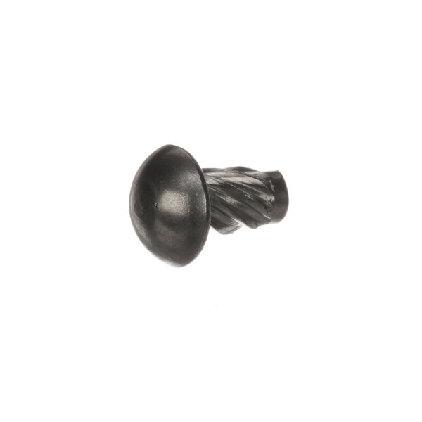 A close-up of a black plastic spiral knob with a metal screw.
