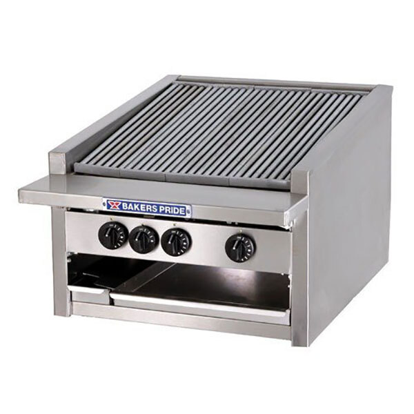 A Bakers Pride stainless steel charbroiler on a counter.