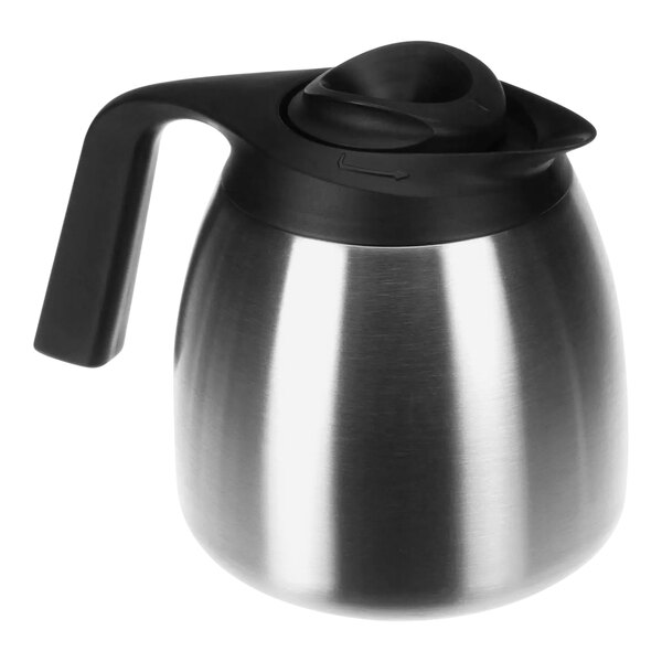 A silver and black Bunn thermal carafe with a black handle.