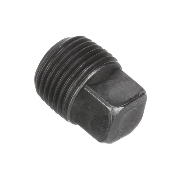 A close-up of a black threaded nut on a white background.