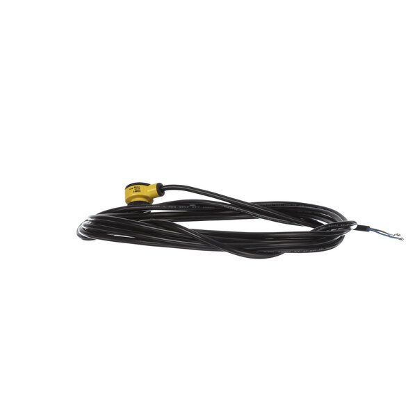 A black cable with a yellow end.