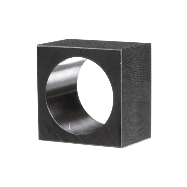 A black metal square spacer-nut with a hole in the middle.