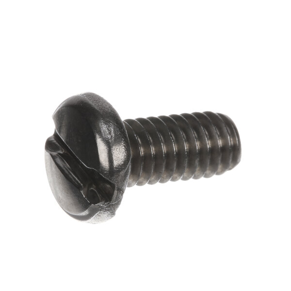 A close-up of a Mannhart pan-head screw with a black finish.