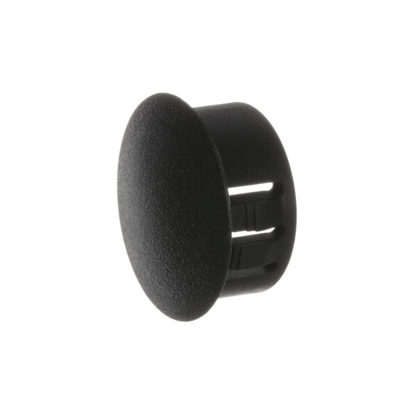 A black plastic plug with a hole.