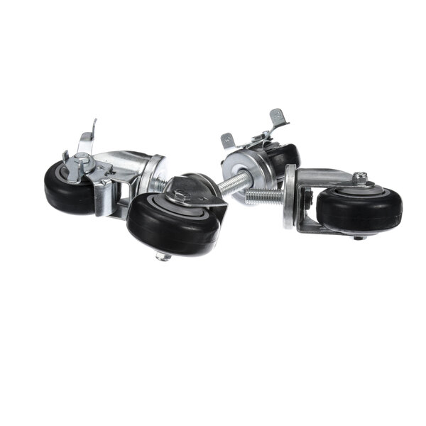A group of metal Winston casters with black rubber tires.