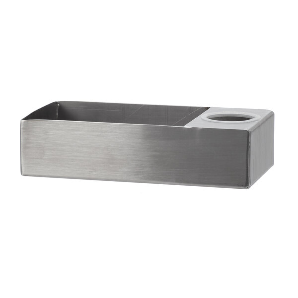 A rectangular stainless steel Lancer Kindercare drip tray with a grommet in the middle.
