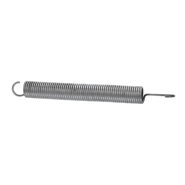 A metal spring with a metal hook on a white background.