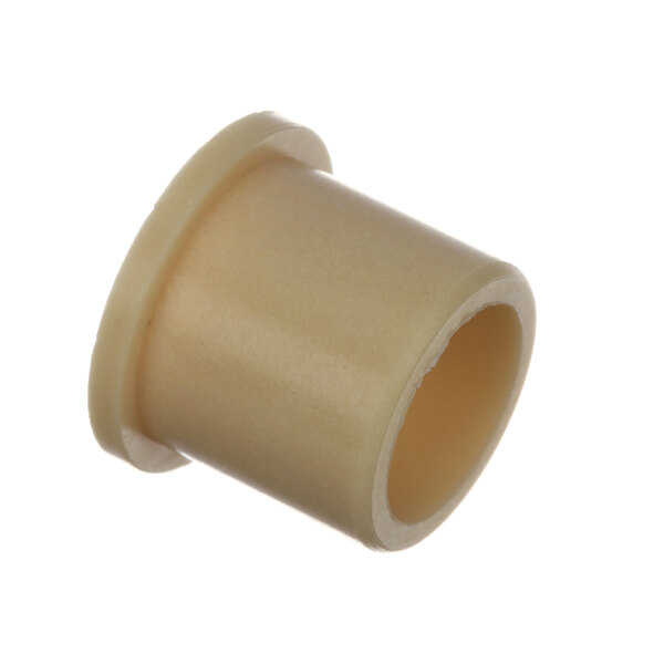 A close-up of a beige plastic flanged sleeve bearing.