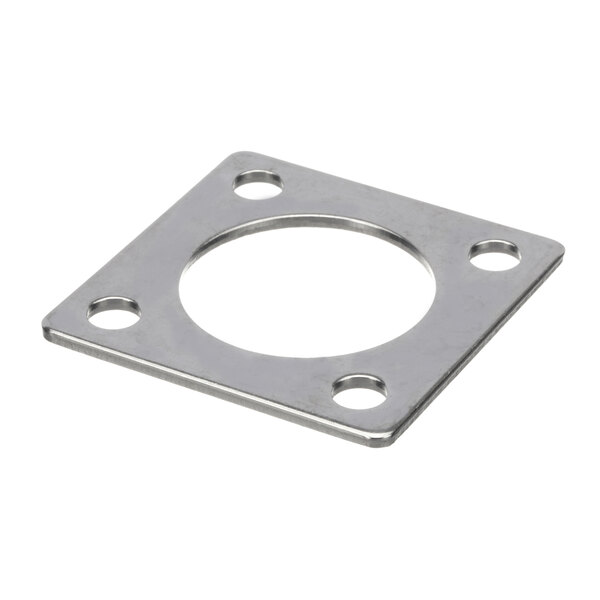 A stainless steel Stero flange plate with holes.