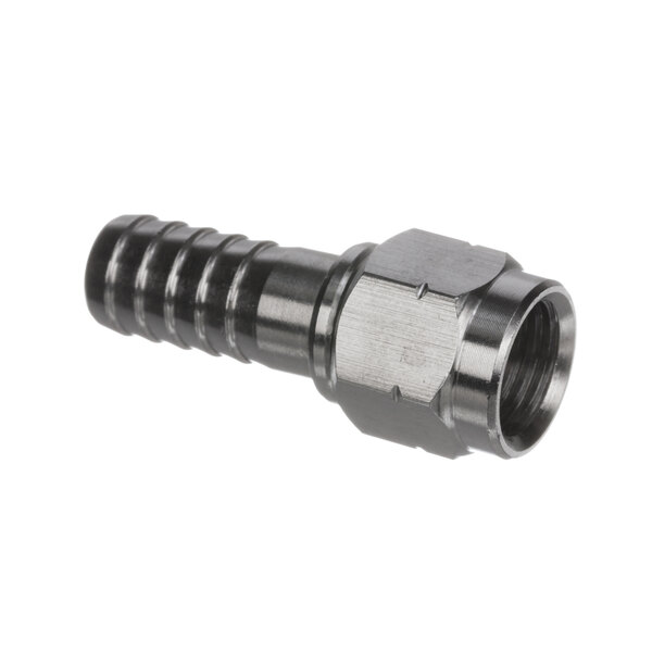 A Lancer stainless steel threaded hose fitting with a 3/8 barb.