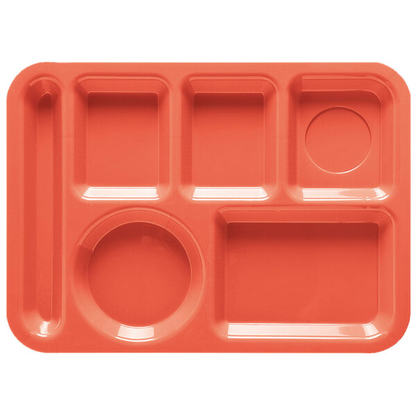 A red tray with six compartments in different shapes and sizes.