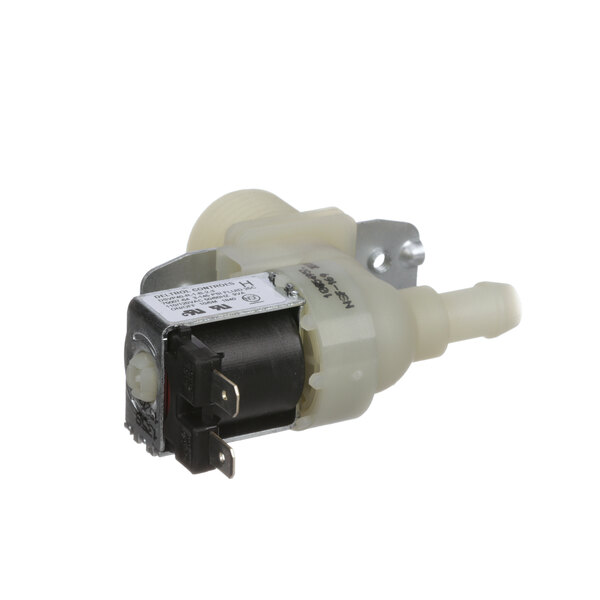 A close-up of a small white solenoid valve with black plastic parts.