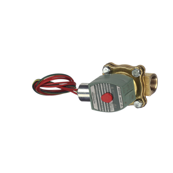 A close-up of a Low Temp Industries water solenoid valve with a red wire.