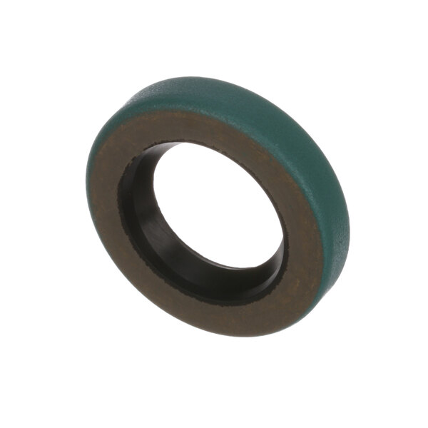 A close-up of a green and black rubber seal ring.