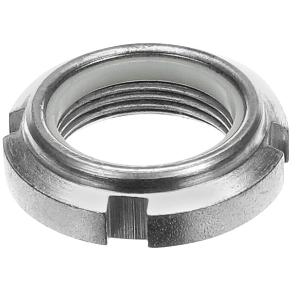 A metal ring nut with a metal ring on it.