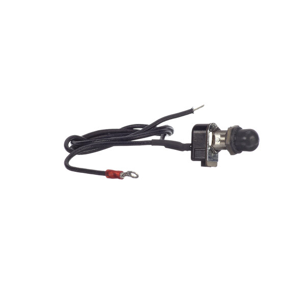 A black cable with a red and black cord attached to a Dinex round push button switch.