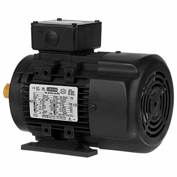 A black electric motor with a white label.