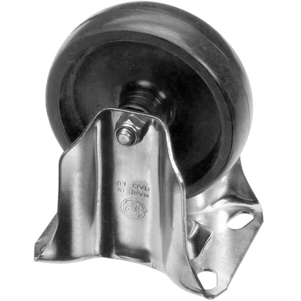 A black Carpigiani caster wheel with a metal bracket and black rubber wheel.