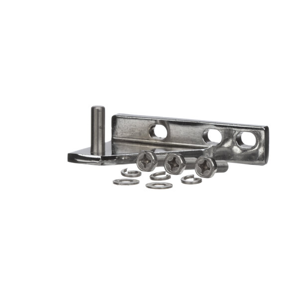 An Adcraft stainless steel door hinge bracket with screws and nuts.