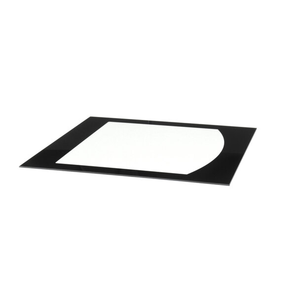The outer glass door for a Moffat convection oven with a black and white label.