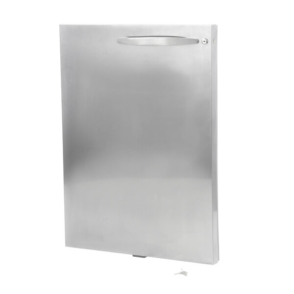 A stainless steel rectangular refrigerator door with a handle.