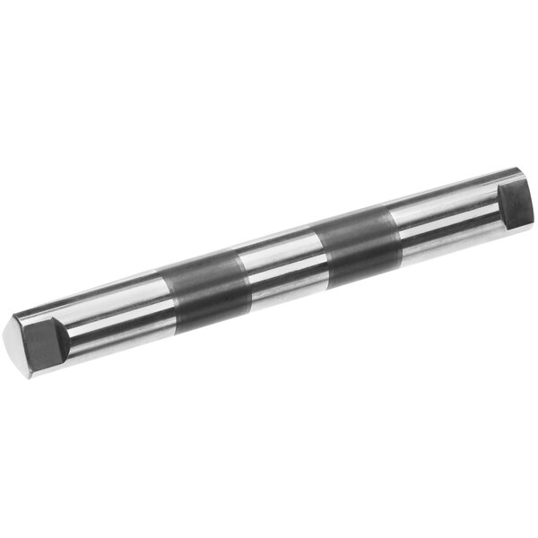 A close-up of a stainless steel shaft with black stripes.