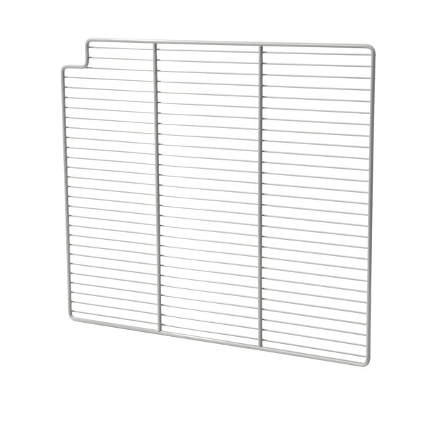 A white wire mesh shelf with many horizontal lines.