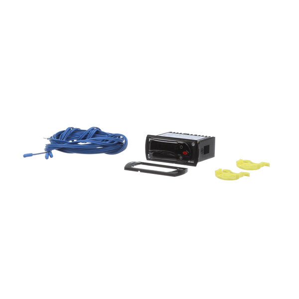 A black rectangular Adcraft temperature controller with a blue cord and a black button.