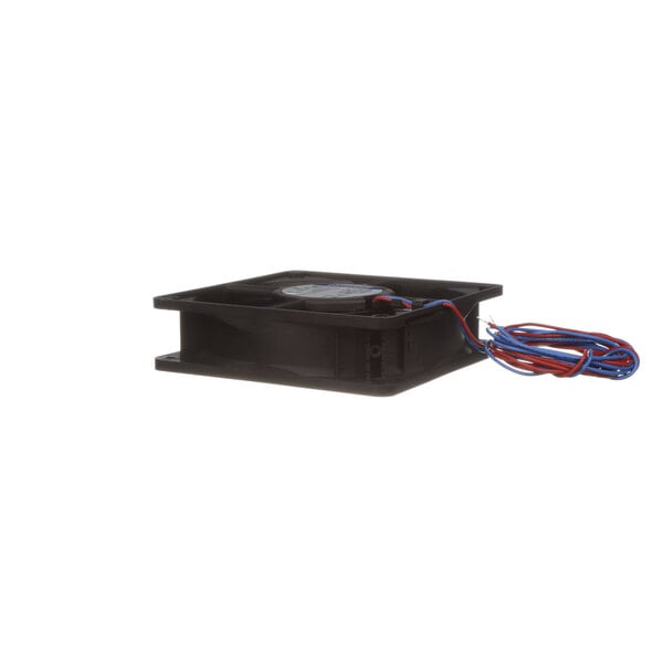 A black rectangular Rpi Industries Evap fan with red and blue wires.